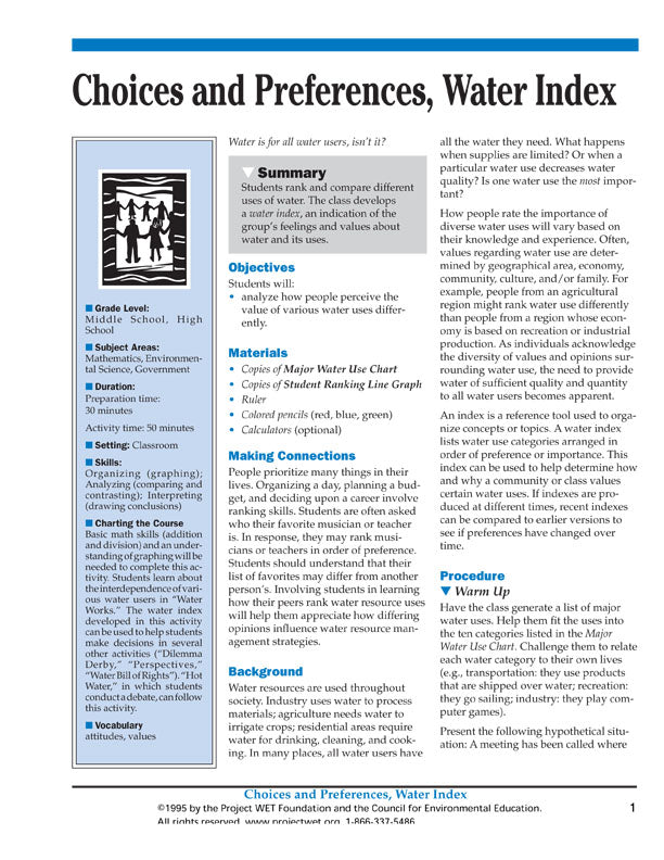 "Choices and Preferences: Water Index" Activity, PDF DOWNLOAD
