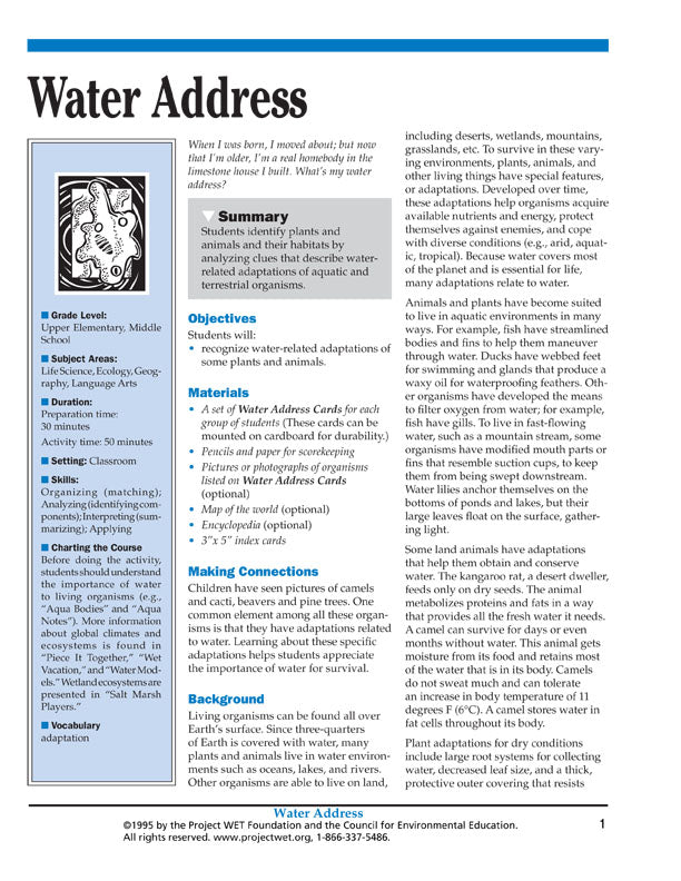"Water Address" Activity, PDF DOWNLOAD