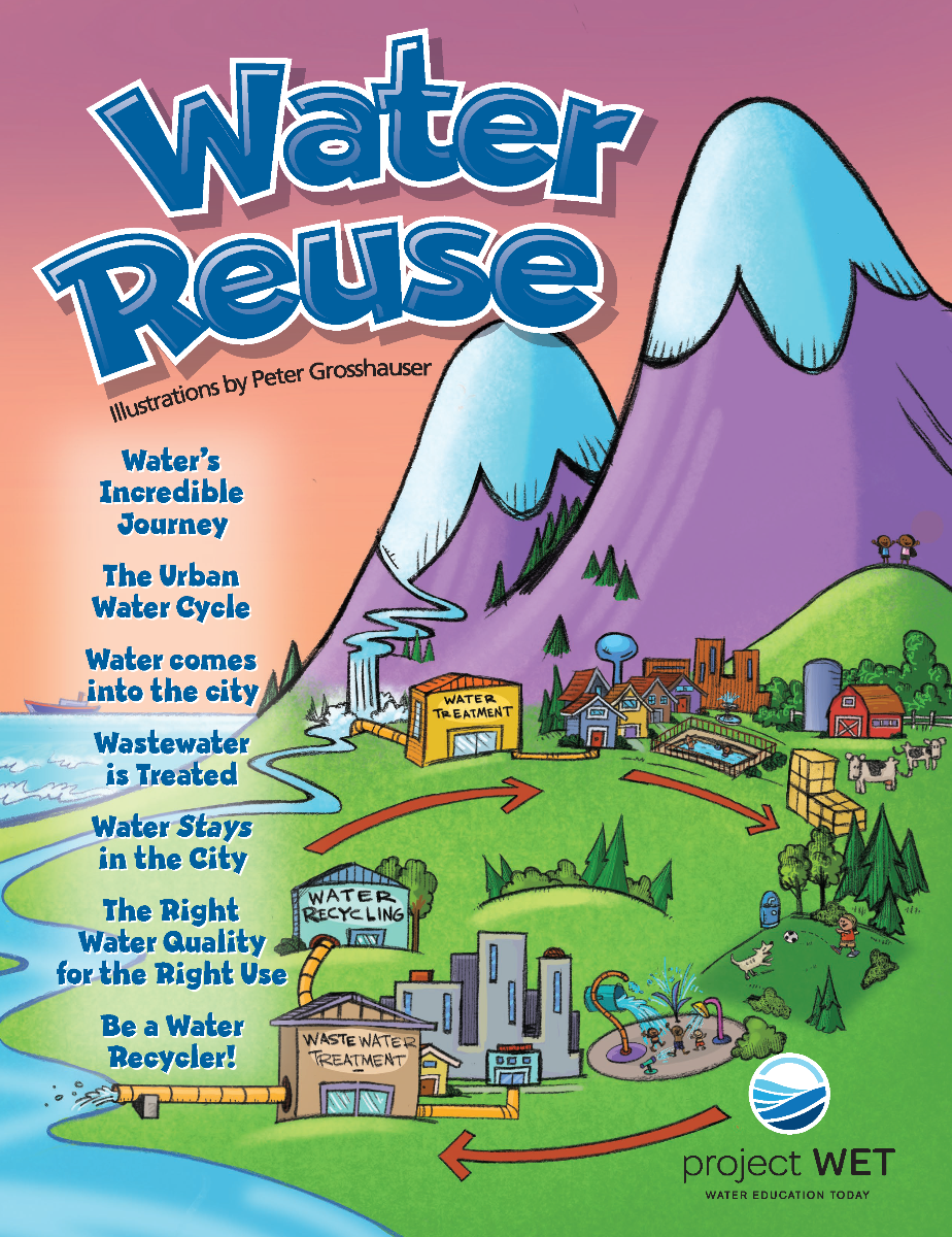 Water Reuse Activity Booklet cover features a town using an urban water cycle that includes reuse. Water goes from the treatment plant to a neighborhood, park, wastewater treatment plant, water recycling plant, and back to the water treatment plant.