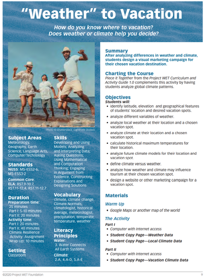 A title page of an activity, "Weather" to Vacation. The subject areas, standards met, duration, setting, skills, vocab, water and climate literacy principles, activity summary, connections with other activities, objectives, and materials are listed..