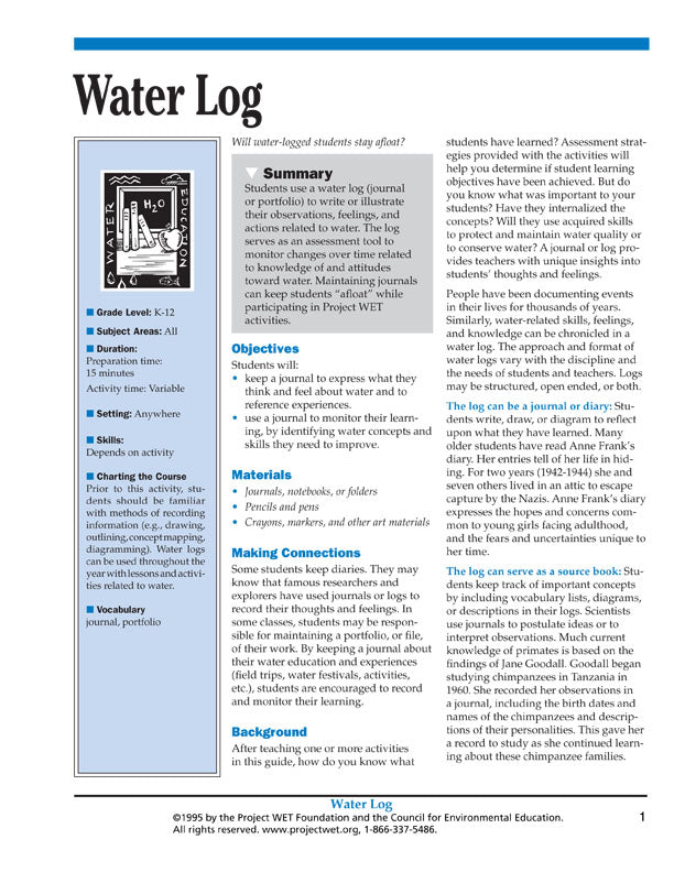 "Water Log" Activity, PDF DOWNLOAD