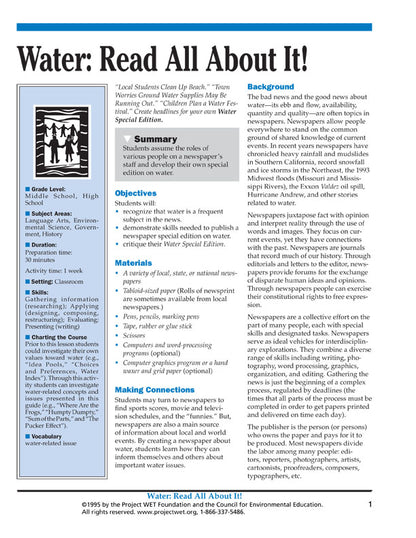 "Water: Read All About It!" Activity, PDF DOWNLOAD