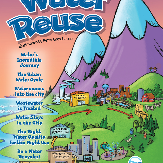 Water Reuse Activity Booklet cover features a town using an urban water cycle that includes reuse. Water goes from the treatment plant to a neighborhood, park, wastewater treatment plant, water recycling plant, and back to the water treatment plant.